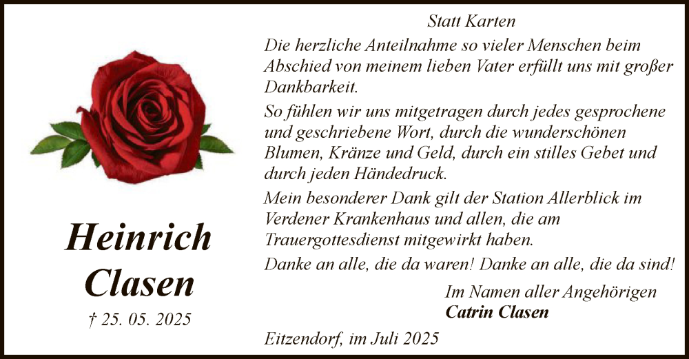  Traueranzeige für Heinrich Clasen vom 12.07.2025 aus SYKSSYKS