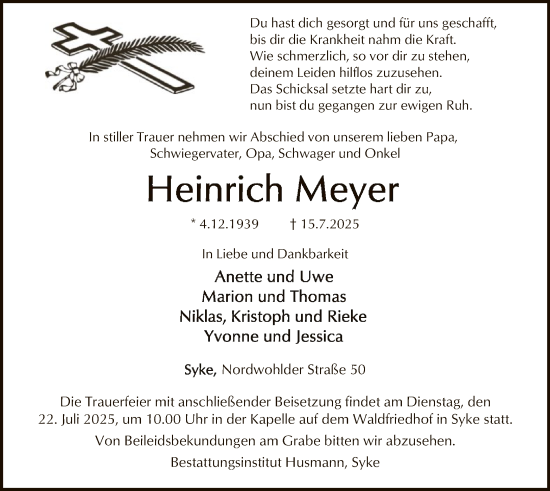 Traueranzeige von Heinrich Meyer von SYKS
