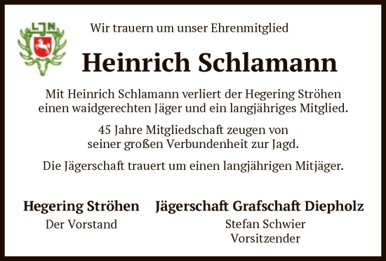 Traueranzeige von Heinrich Schlamann von SYKS
