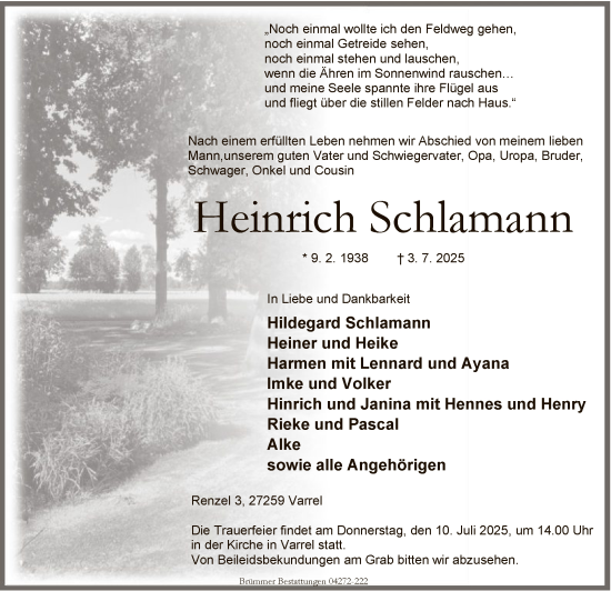 Traueranzeige von Heinrich Schlamann von SYKS