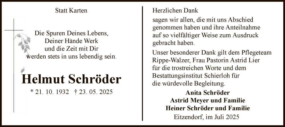  Traueranzeige für Helmut Schröder vom 05.07.2025 aus SYKSSYKS