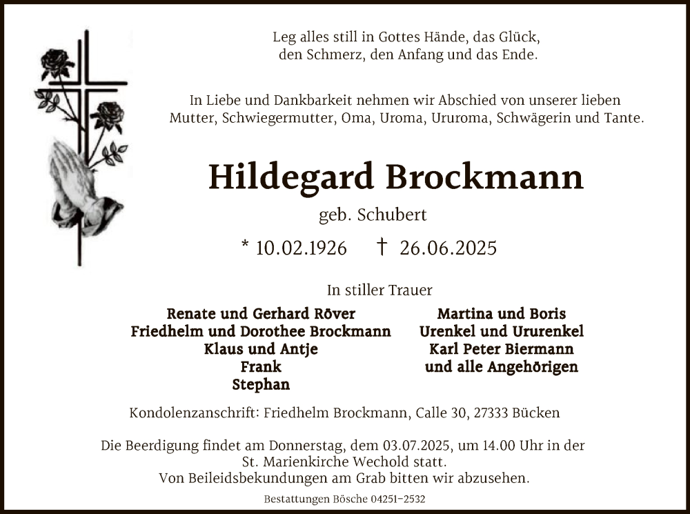  Traueranzeige für Hildegard Brockmann vom 01.07.2025 aus SYKS