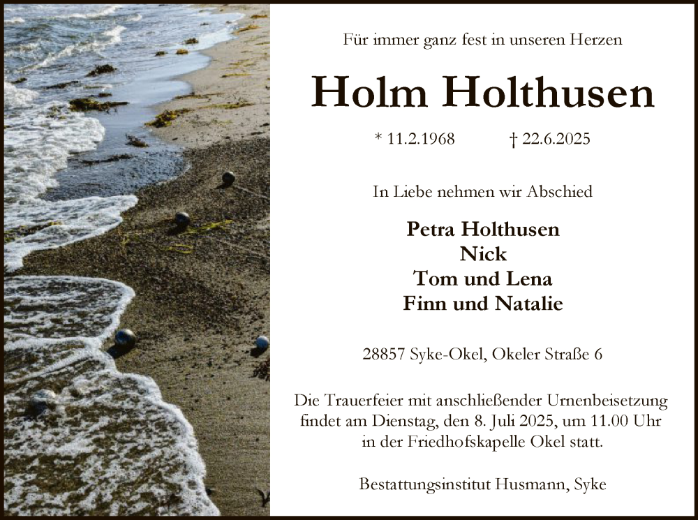  Traueranzeige für Holm Holthusen vom 01.07.2025 aus SYKS