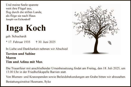 Traueranzeige von Inga Koch von SYKS