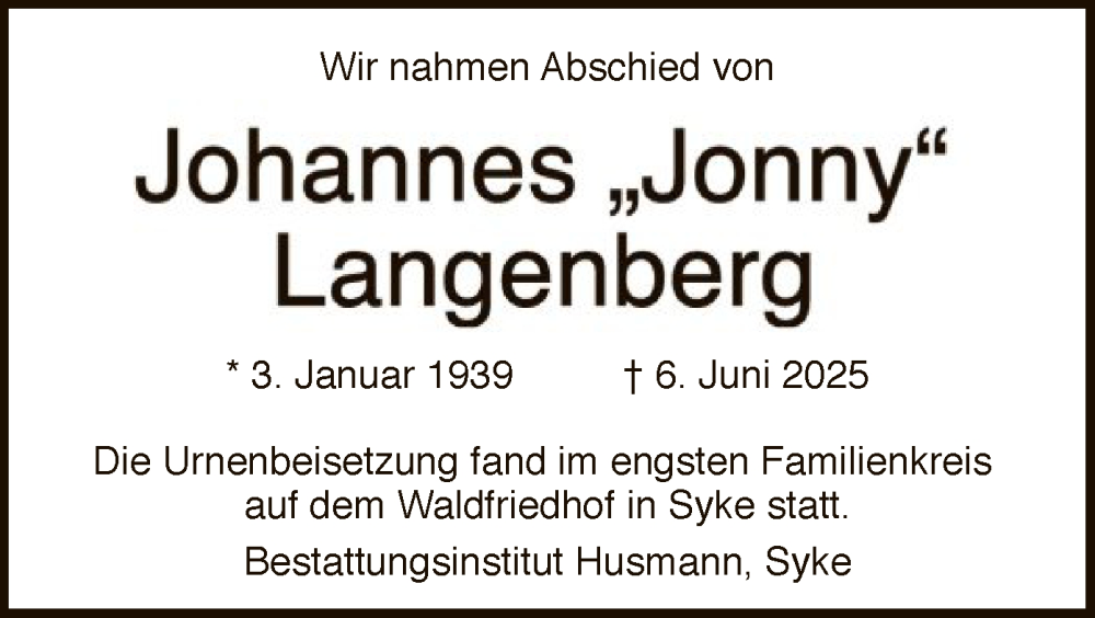  Traueranzeige für Johannes Langenberg vom 12.07.2025 aus SYKS