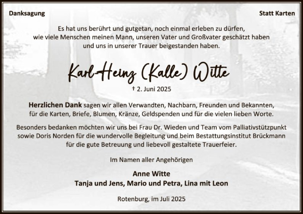  Traueranzeige für Karl - Heinz Witte vom 26.07.2025 aus SYKR