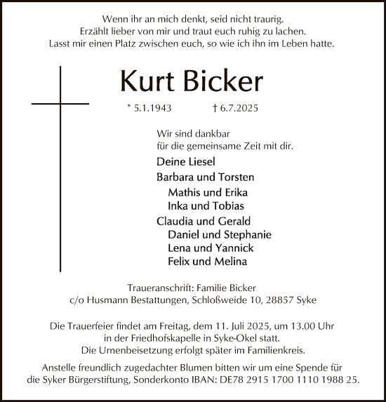 Traueranzeige von Kurt Bicker von SYKS