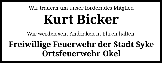 Traueranzeige von Kurt Bicker von SYKS