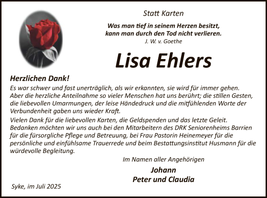 Traueranzeige von Lisa Ehlers von SYKS