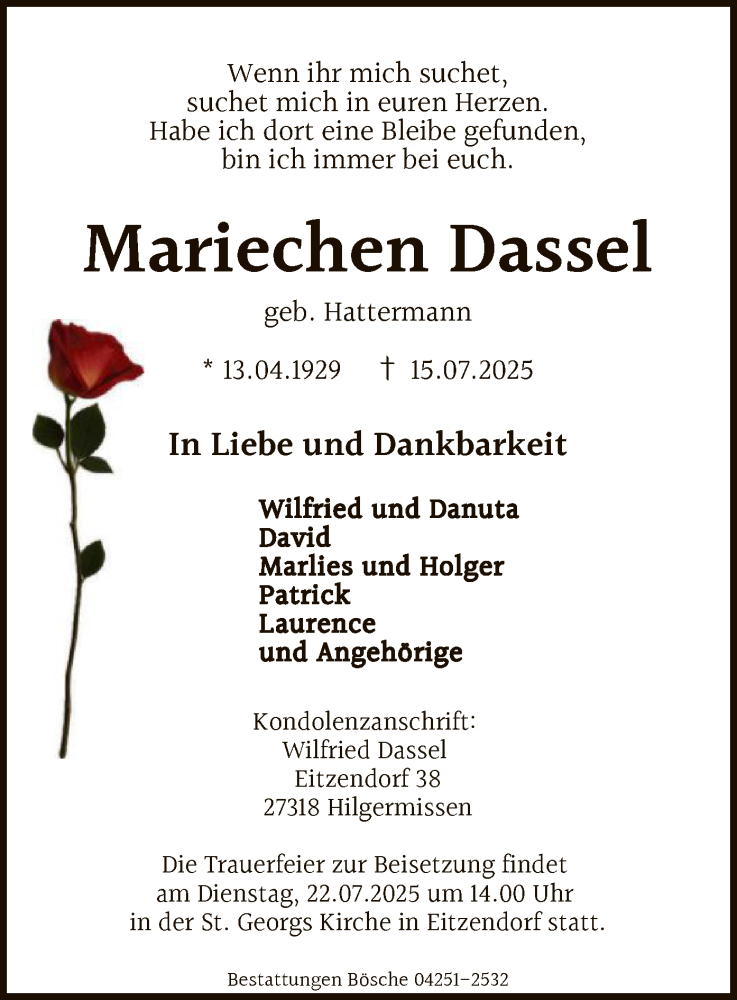  Traueranzeige für Mariechen Dassel vom 19.07.2025 aus SYKS