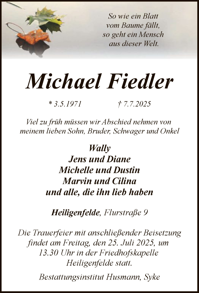  Traueranzeige für Michael Fiedler vom 12.07.2025 aus SYKS