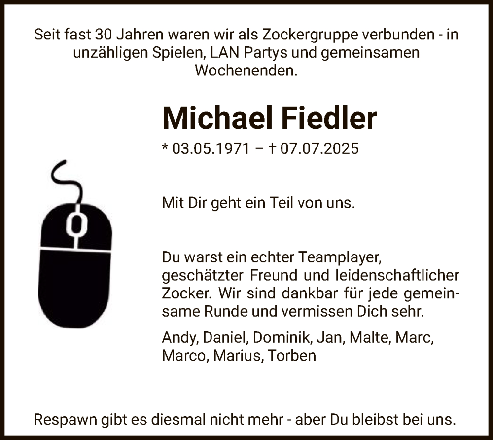  Traueranzeige für Michael Fiedler vom 12.07.2025 aus SYKS