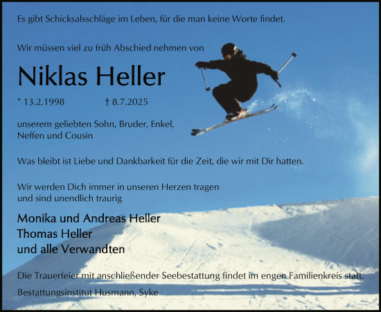 Traueranzeige von Niklas Heller von SYKS