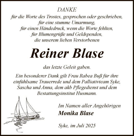 Traueranzeige von Reiner Blase von SYKS