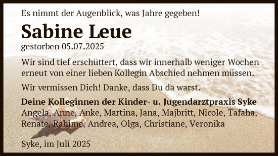 Traueranzeige von Sabine Leue von SYKS