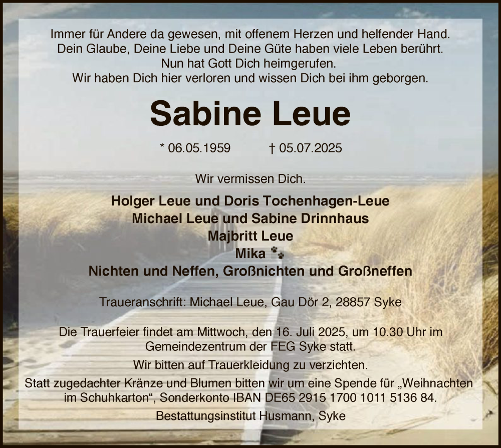  Traueranzeige für Sabine Leue vom 12.07.2025 aus SYKS