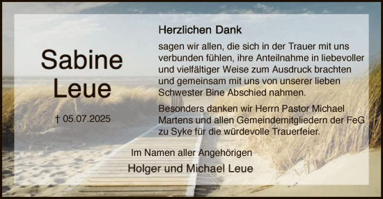 Traueranzeige von Sabine Leue von SYKS