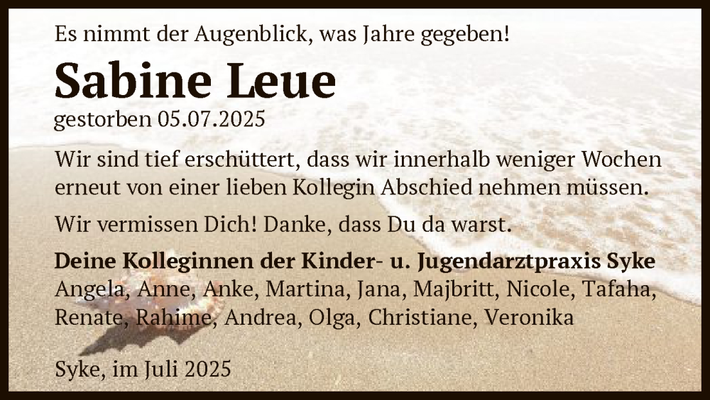  Traueranzeige für Sabine Leue vom 12.07.2025 aus SYKS