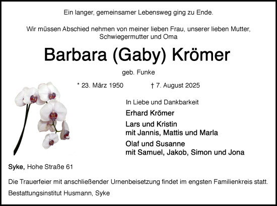 Traueranzeige von Barbara Krömer von SYKS