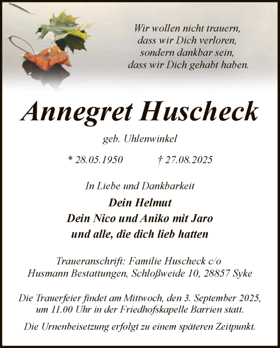 Traueranzeige von Annegret Huscheck von SYKS