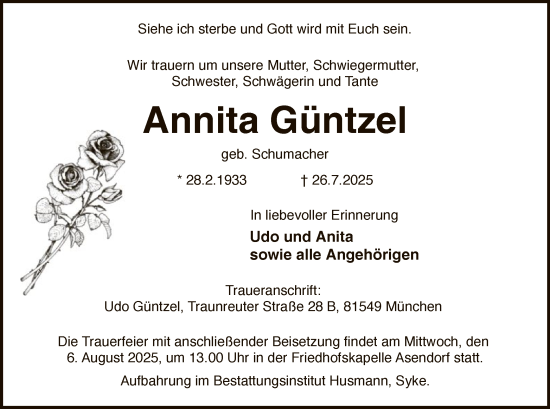 Traueranzeige von Annita Güntzel von SYKS