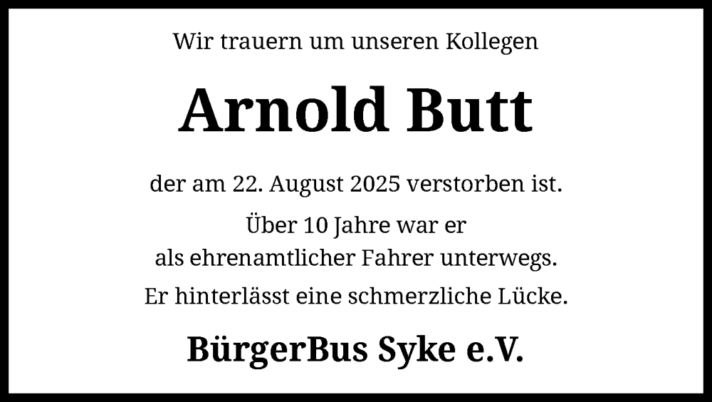  Traueranzeige für Arnold Butt vom 30.08.2025 aus SYKS