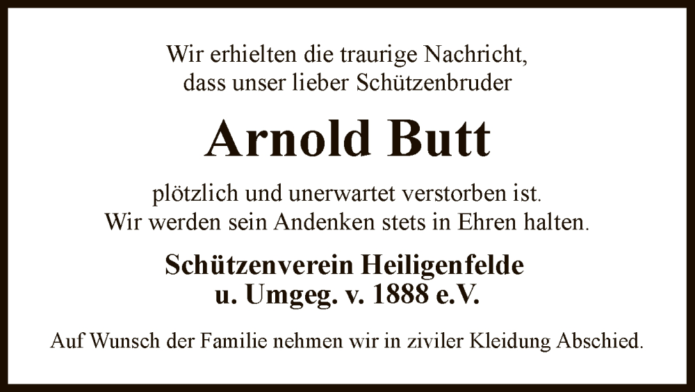  Traueranzeige für Arnold Butt vom 30.08.2025 aus SYKS