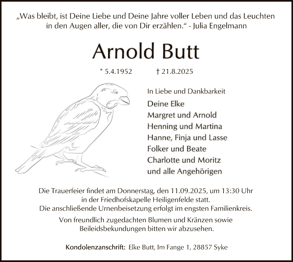  Traueranzeige für Arnold Butt vom 30.08.2025 aus SYKS