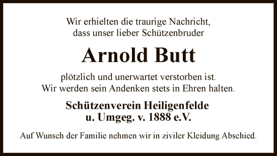 Traueranzeige von Arnold Butt von SYKS