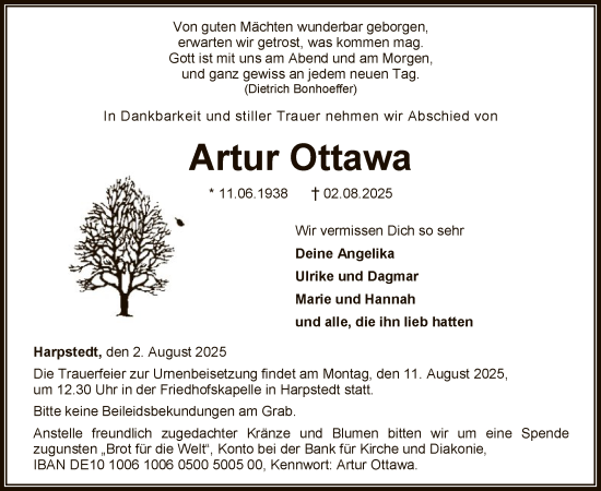 Traueranzeige von Artur Ottawa von SYWZSYKS