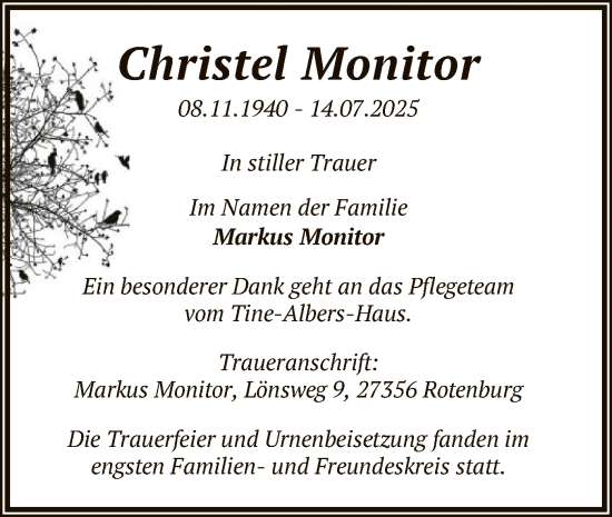 Traueranzeige von Christel Monitor von SYKR