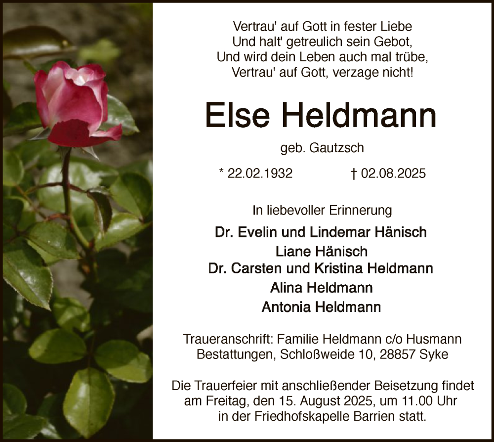  Traueranzeige für Else Heldmann vom 09.08.2025 aus SYKS