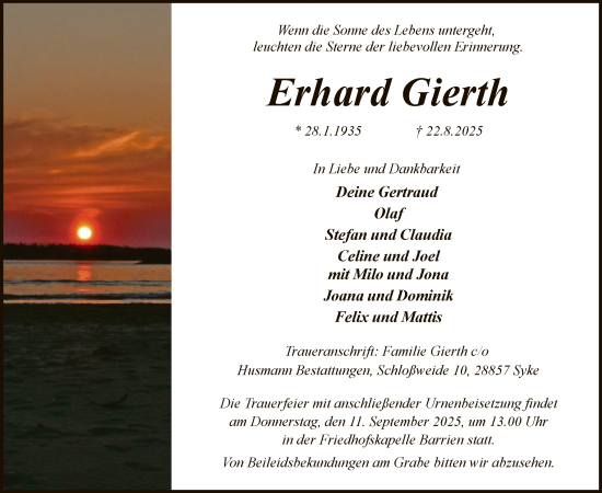 Traueranzeige von Erhard Gierth von SYKS