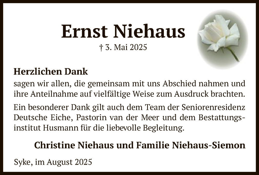  Traueranzeige für Ernst Niehaus vom 16.08.2025 aus SYKS