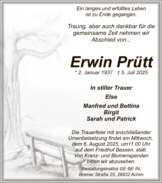 Traueranzeige von Erwin Prütt von SYKS