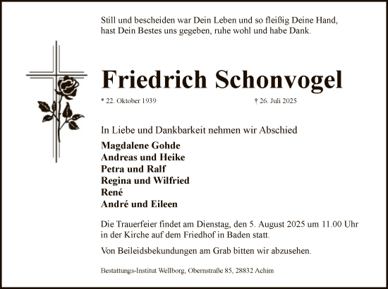 Traueranzeige von Friedrich Schonvogel von SYKS