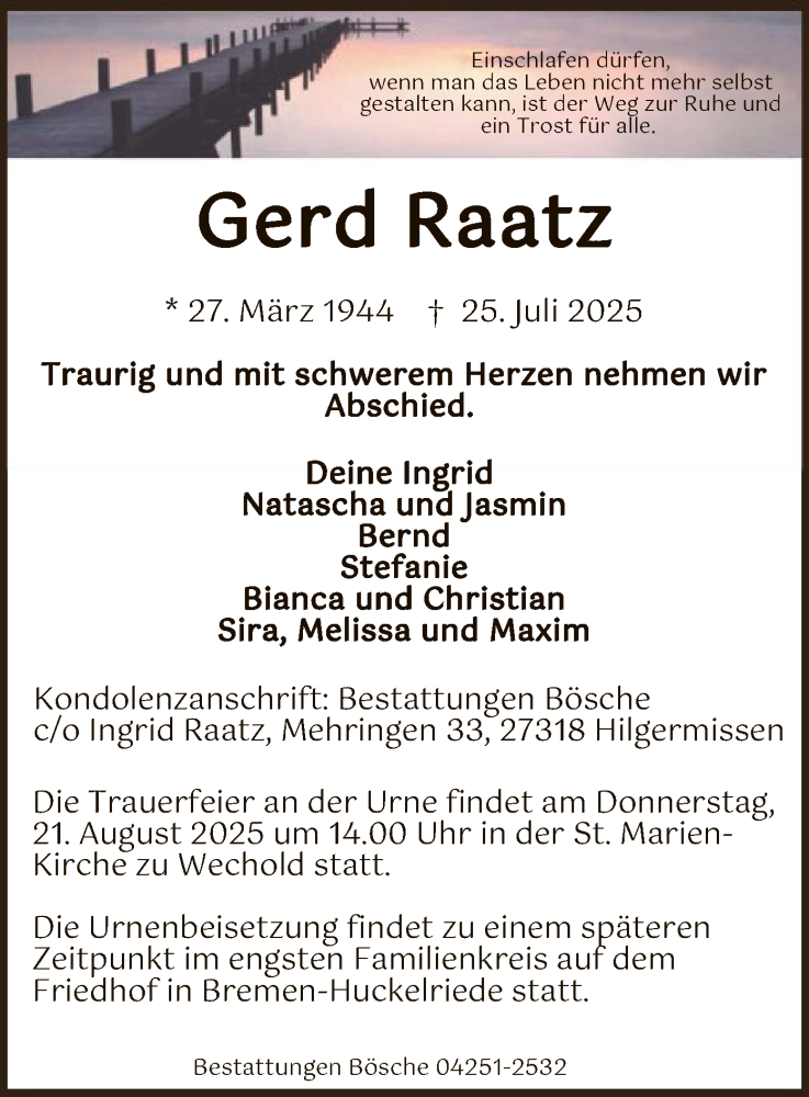  Traueranzeige für Gerd Raatz vom 02.08.2025 aus SYKS
