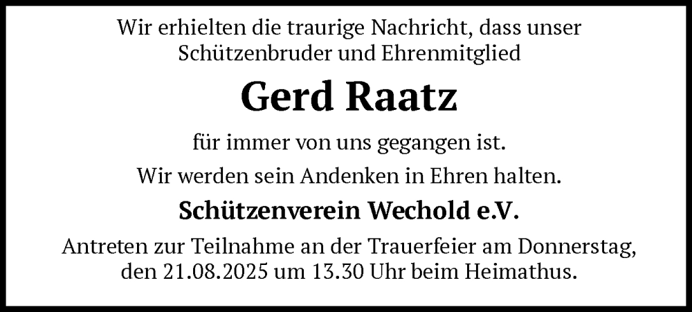  Traueranzeige für Gerd Raatz vom 09.08.2025 aus SYKS