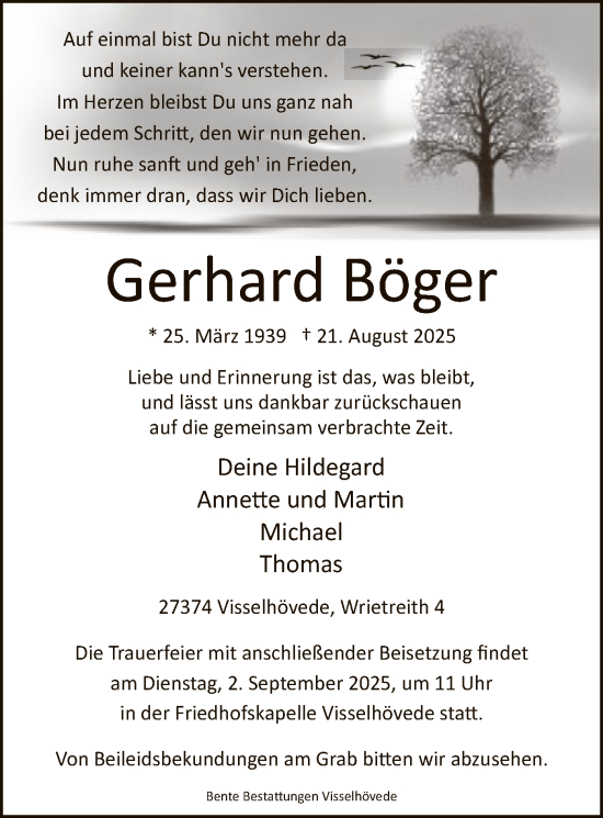 Traueranzeige von Gerhard Böger von SYKR