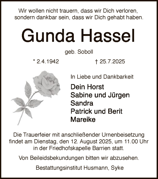 Traueranzeige von Gunda Hassel von SYKS