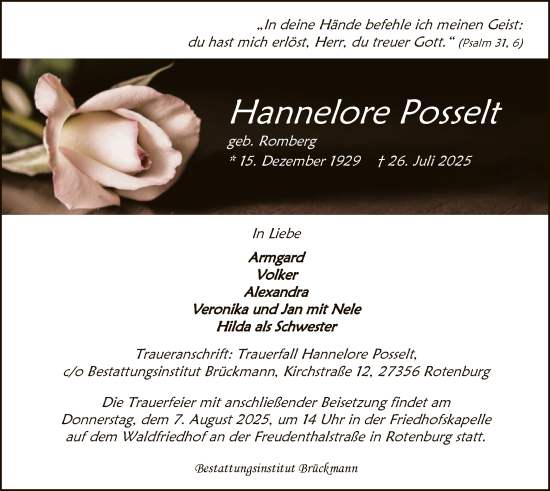 Traueranzeige von Hannelore Posselt von SYKR
