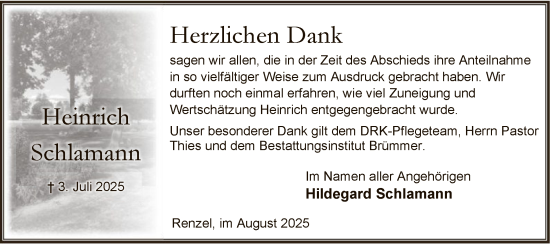 Traueranzeige von Heinrich Schlamann von SYKS