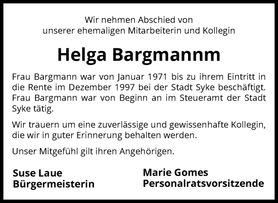 Traueranzeige von Helga Bargmann von SYKS