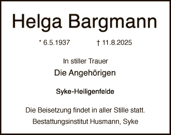 Traueranzeige von Helga Bargmann von SYKS