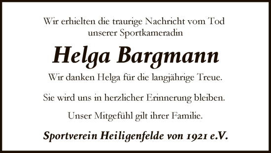 Traueranzeige von Helga Bargmann von SYKS