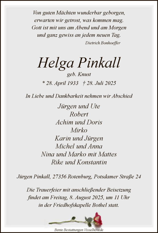 Traueranzeige von Helga Pinkall von SYKR