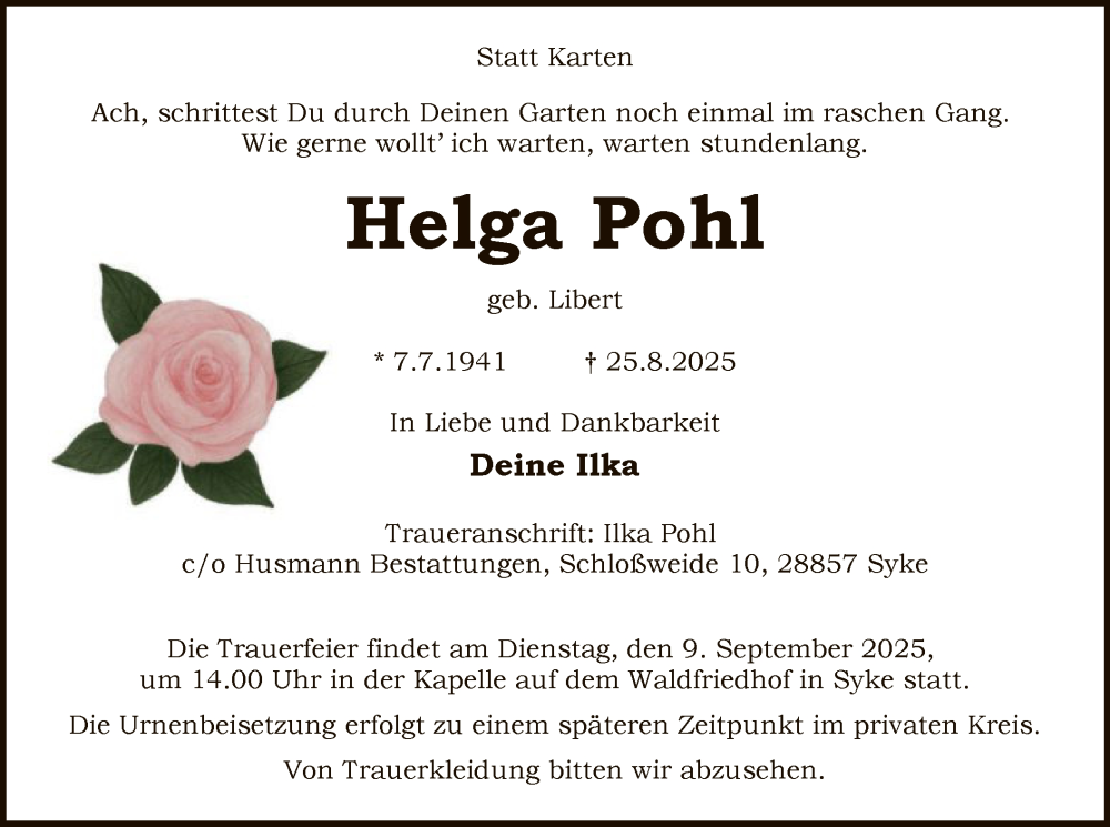  Traueranzeige für Helga Pohl vom 30.08.2025 aus SYKS