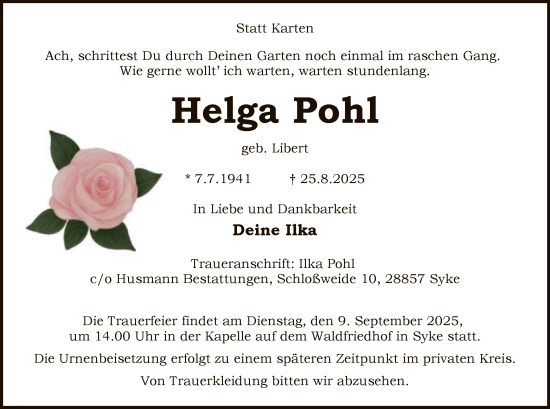 Traueranzeige von Helga Pohl von SYKS