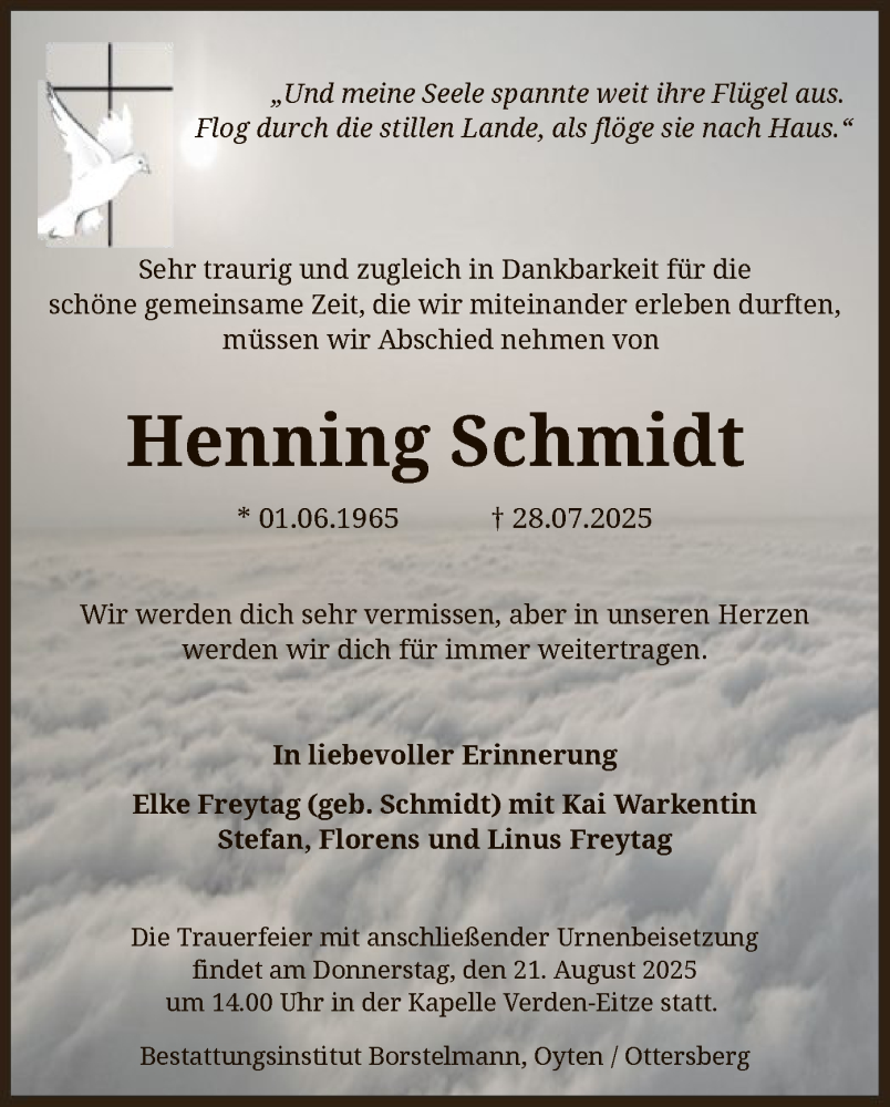  Traueranzeige für Henning Schmidt vom 16.08.2025 aus SYKS