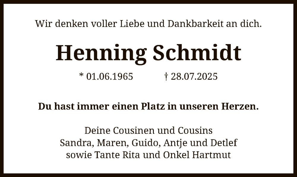  Traueranzeige für Henning Schmidt vom 16.08.2025 aus SYKS